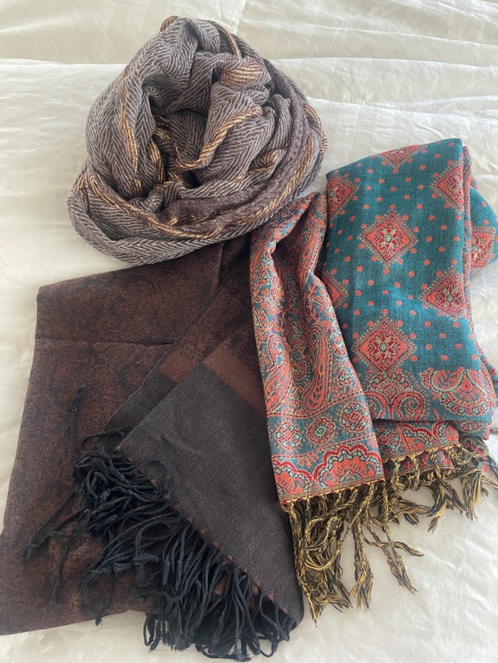 Assortment of Patterned Scarves - Teal, Brown, Gray